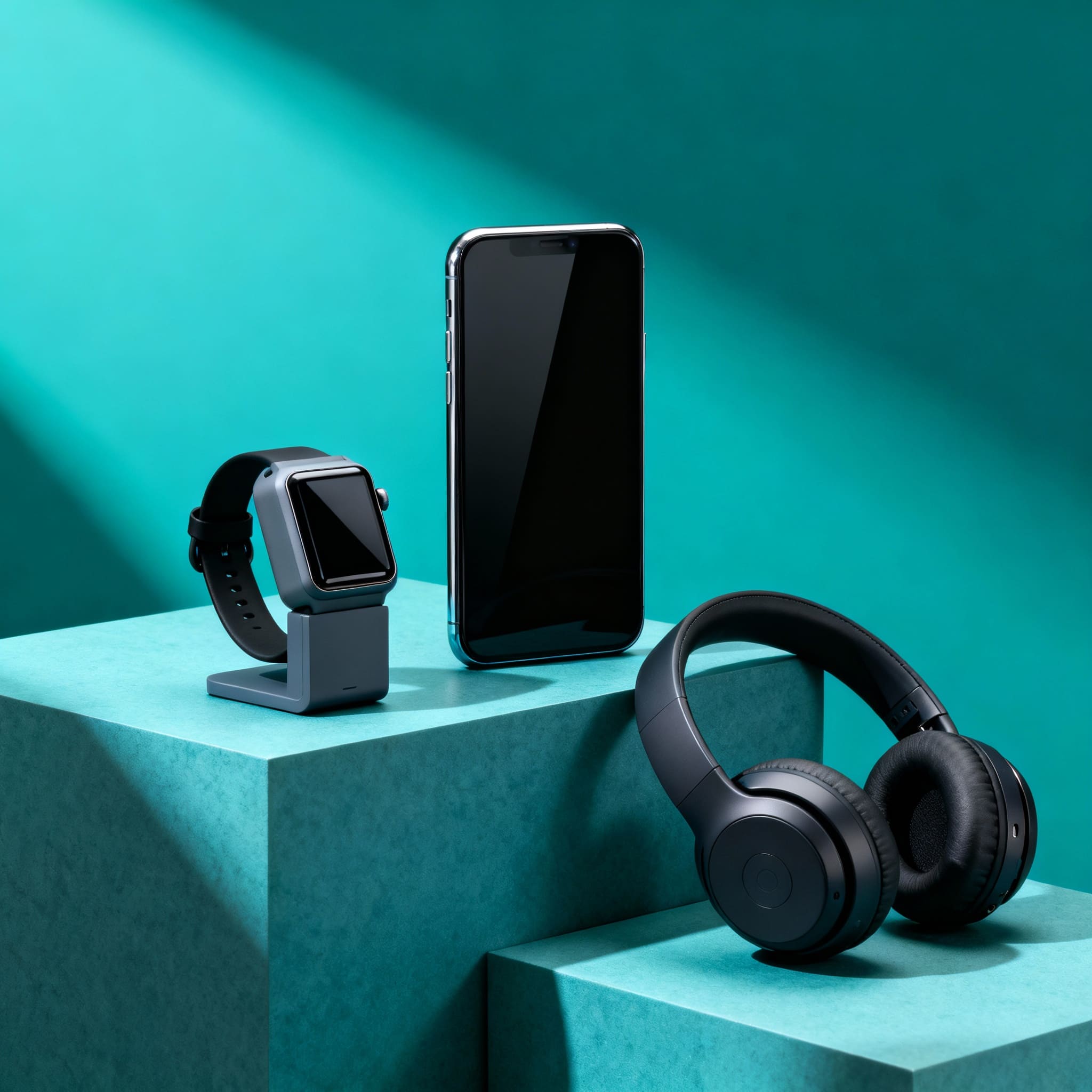 Smartwatch, smartphone, and headphones on teal blocks
